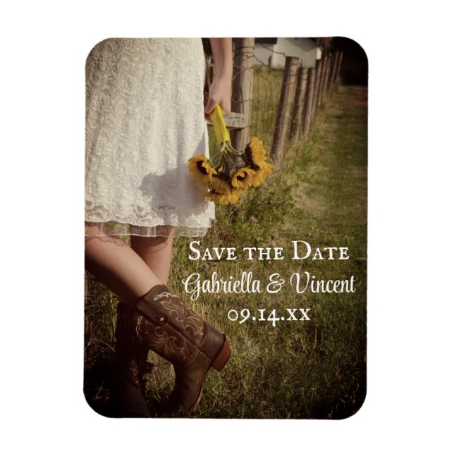 Bride Cowboy Boots Sunflower Wedding Save the Date Magnet (Vertical)