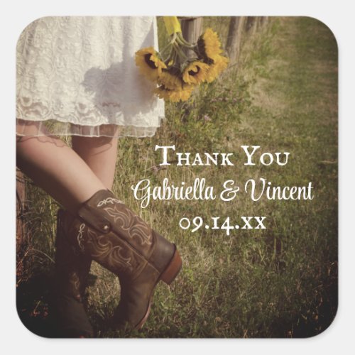 Bride Cowboy Boots Sunflower Wedding Thank You Square Sticker