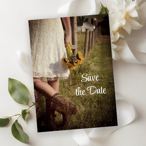 Bride Cowboy Boots Sunflowers Farm Save the Date Invitation