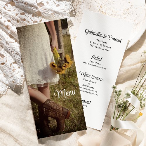 Bride Cowboy Boots Sunflowers Ranch Wedding Menu