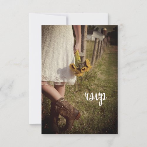 Bride Cowboy Boots Sunflowers Ranch Wedding RSVP