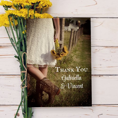Bride Cowboy Boots Sunflowers Wedding Thank You Note Card