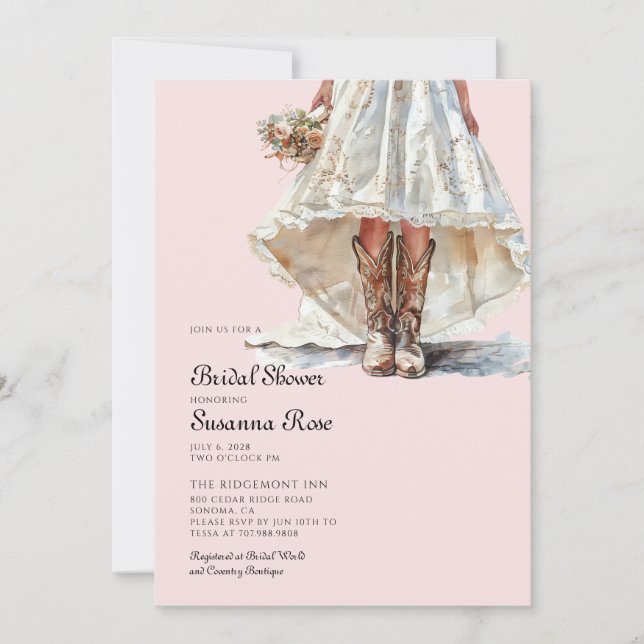 Bride Cowgirl Boots Pink Bridal Shower Invitation (Front)