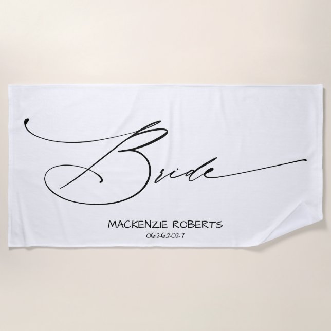 Bride | Custom Black Modern Script Beach Towel (Front)