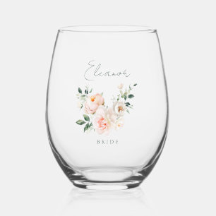 Bride Custom Blush Pink Peony Watercolor Floral Stemless Wine Glass