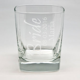 Bride Custom Sand Etched Square Rocks Glass