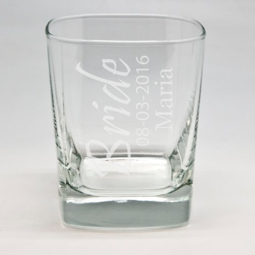 Bride Custom Sand Etched Square Rocks Glass