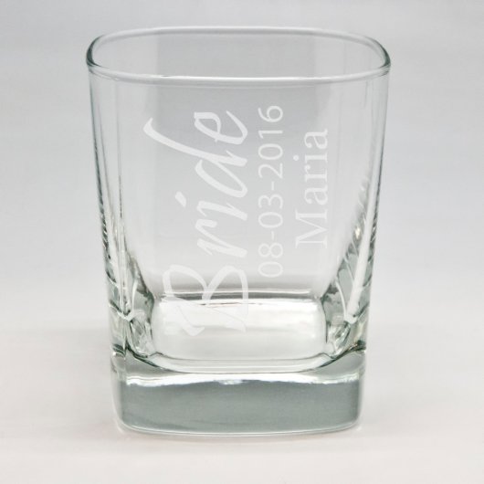 Bride Custom Sand Etched Square Rocks Glass (Front)