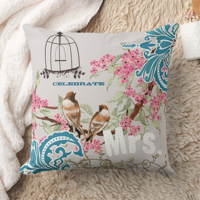 Bride Damask Love Bird Cherry Blossom Birdcage Throw Pillow (Blanket)