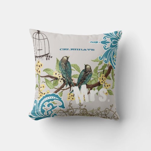 Bride Damask Love Bird Cherry Blossom Birdcage Throw Pillow