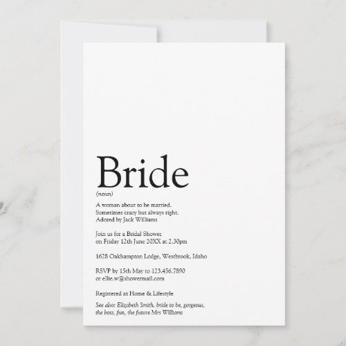 Bride Definition Black And White Bridal Shower Invitation