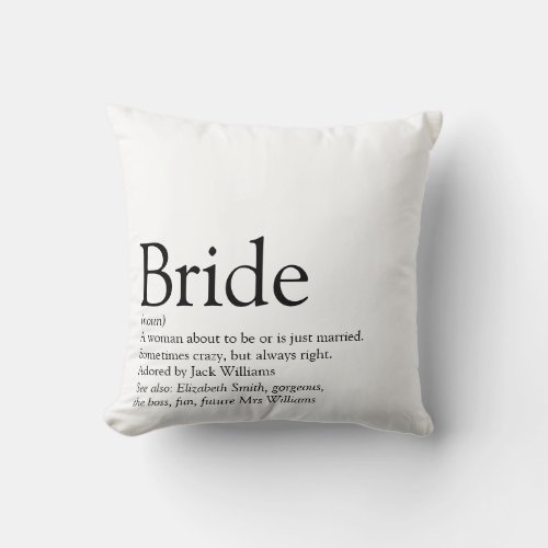 Bride Definition Bridal Shower Modern Typographic Throw Pillow