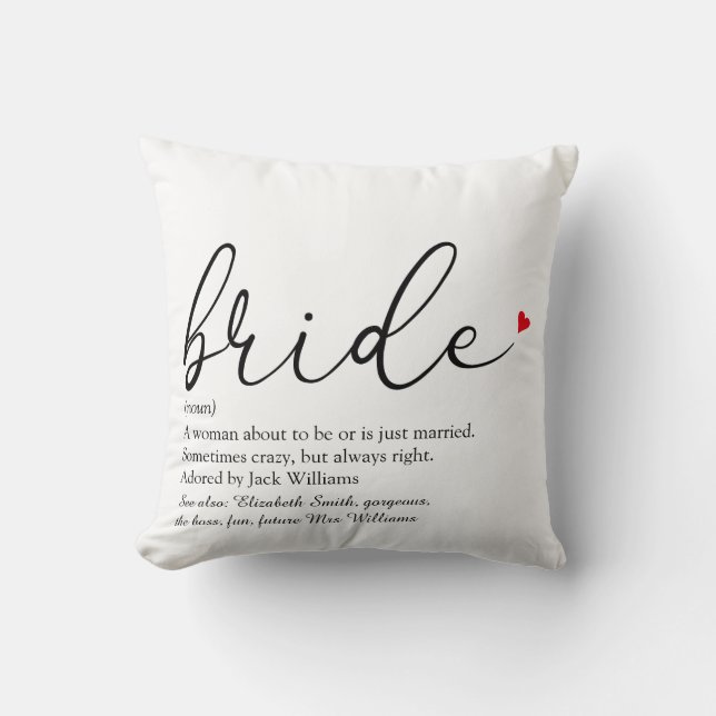 Bride Definition, Bridal Shower Script Love Hearts Throw Pillow (Front)