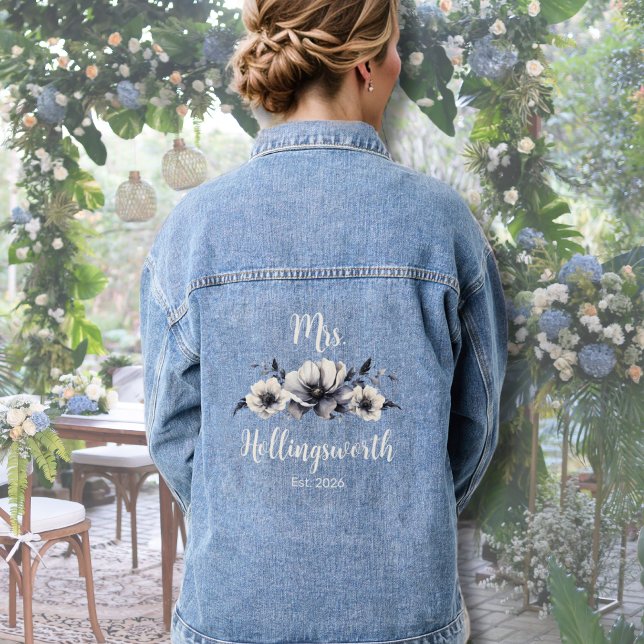Bride Denim Jacket (Cute Trendy Floral Wedding Black White Mrs Bride Denim Jacket)