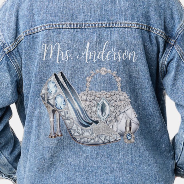 Bride Denim Jacket (Diamond shoes, purse and lipstick case. Personalize with your text in the font style you prefer.)