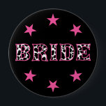 Bride Disco Cowgirl Bachelorette Party Button<br><div class="desc">Celebrate brides to be with these disco cowgirl themed bachelorette party buttons. This button features the word BRIDE spelled out in black and white cow hide patterned letters against a black background with pink star accents.</div>