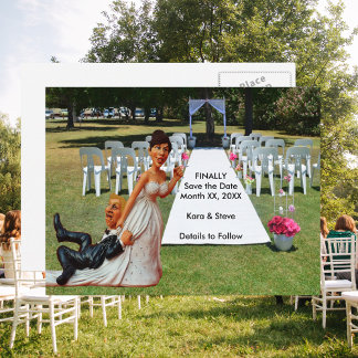 Bride Dragging Groom Figurines Brown & Blond Announcement Postcard
