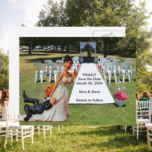 Bride Dragging Groom Figurines Brown & Blond Announcement Postcard (Finally Save the Date Funny Couple Brown & Blond Announcement Postcard)