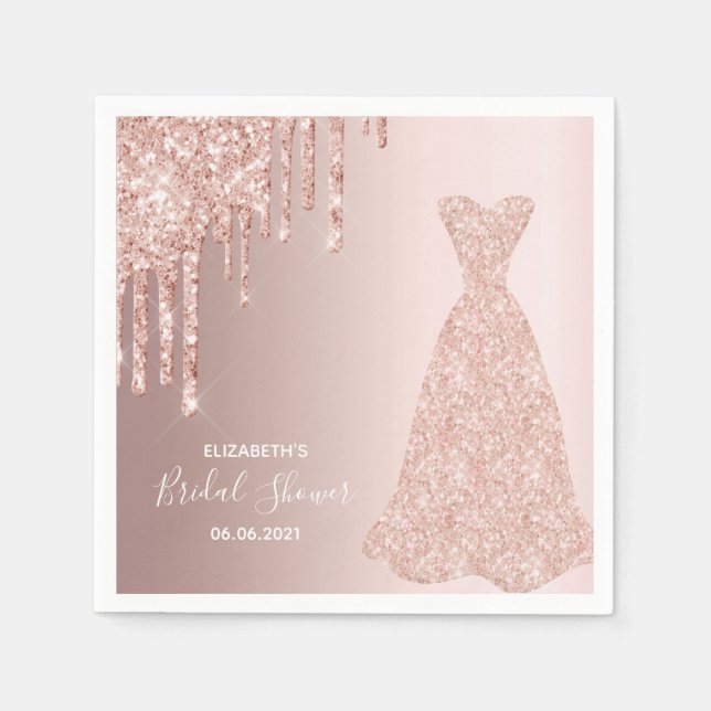 Bride dress Bridal Shower rose gold glitter drip Napkins (Front)