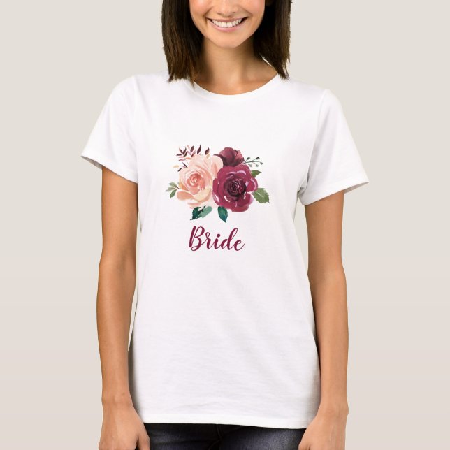 Bride Dusty Rose Burgundy Floral Wedding T-Shirt (Front)