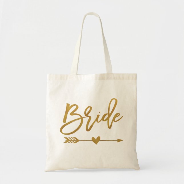 Bride faux gold foil with narrow and heart tote bag (Front)