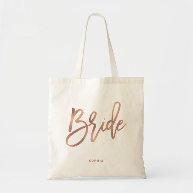 Bride | Faux Rose Gold Personalized Tote Bag (Front)
