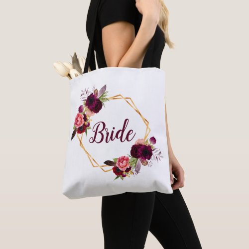 Bride floral gold geometric burgundy wedding tote bag