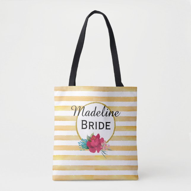 BRIDE FLORAL& GOLD STRIPE Personalized Tote Bag (Front)