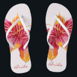 Bride Floral Hawaiian Flip Flops<br><div class="desc">NewparkLane - Get ready for summer with these elegant colorful flip flops, with an exotic Hawaiian Hibiscus flower in red, pink and orange, with 'Bride' on elegnat script typography. A fun and colorful bohemian theme for a destination wedding. Easy to customize in Zazzle with your own text for a personalized...</div>