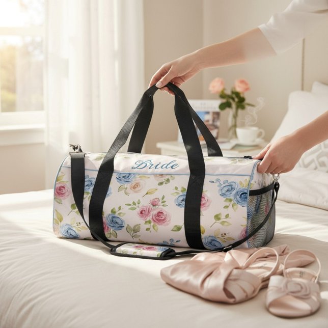 Bride Floral Pink Blue Watercolor Wedding  Duffle Bag (Creator Uploaded)