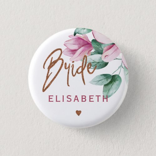 Bride floral pink copper typography bridal shower button