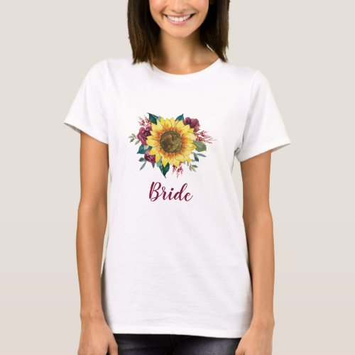 Bride Floral Sunflower Burgundy Rose Wedding T_Shirt