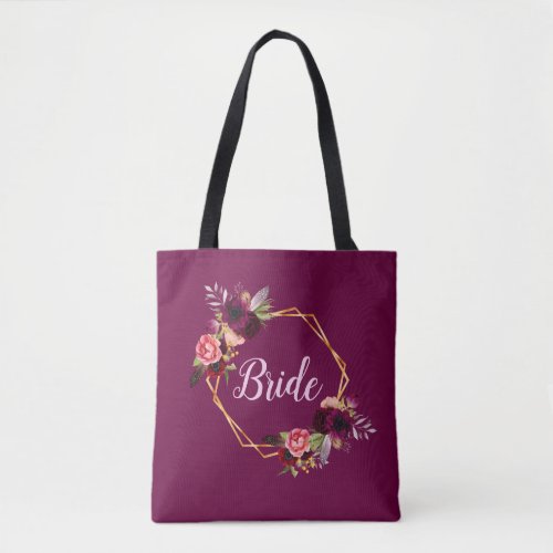 Bride florals gold geometric burgundy wedding tote bag