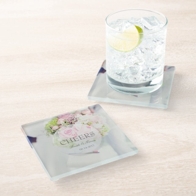 Bride Flower Bouquet editable Cheers Glass Coaster (Angled)
