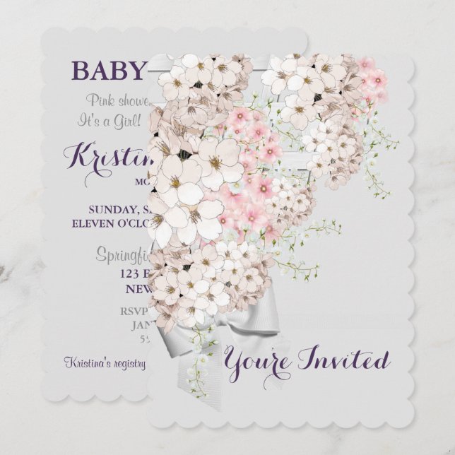 BRIDE Flowers & Lattice Gray & Pink Shower Party Invitation (Front/Back)