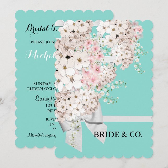 BRIDE Flowers & Lattice Teal Blue Shower Party Invitation (Front/Back)