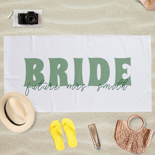 Bride Future Mrs Custom Name White and Green Beach Towel