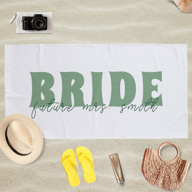 Bride Future Mrs. Custom Name White and Green Beach Towel (Creator Uploaded)