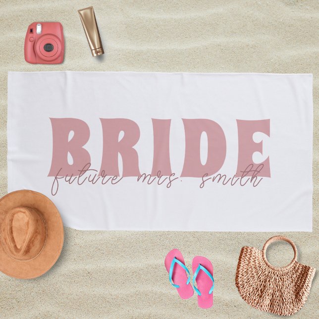Bride Future Mrs. Custom Name White and Peach Beach Towel (Creator Uploaded)