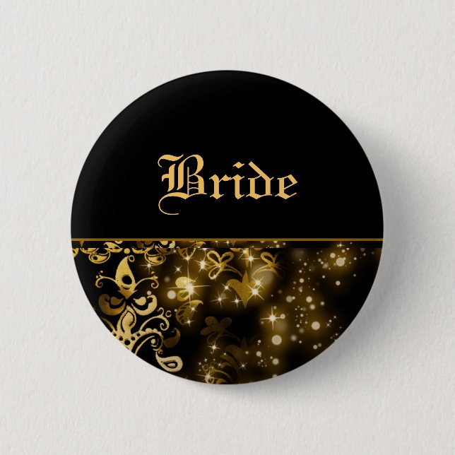 Bride gold black wedding bridal party pinback button (Front)
