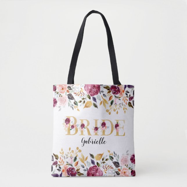 Bride Gold Burgundy Blush Floral Wedding Tote Bag (Front)