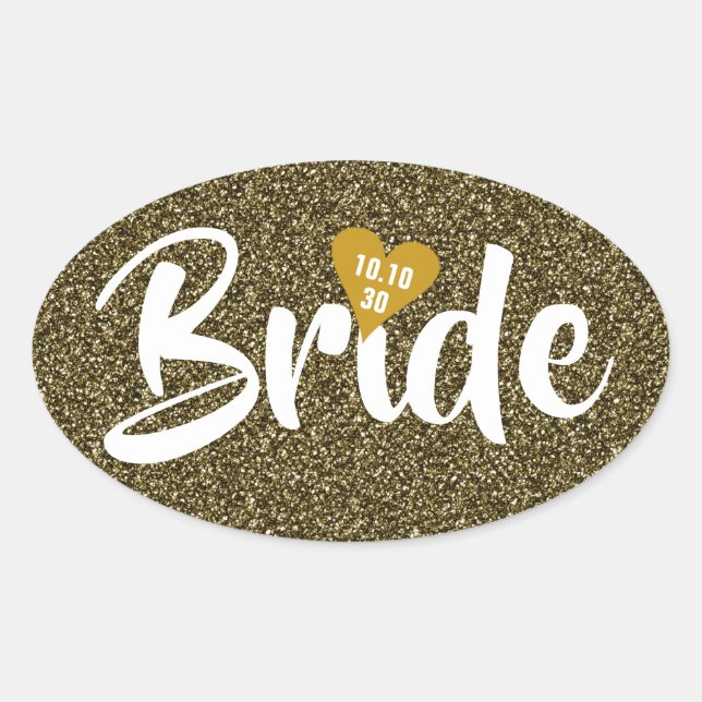 Bride Gold Date Heart Glitter Personalised Oval Sticker (Front)