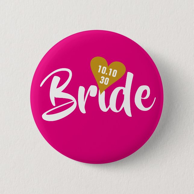 Bride Gold Date Heart Personalised Button (Front)