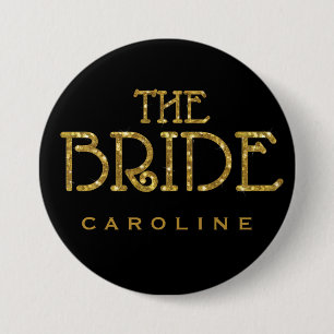 Bride Gold Faux Glitter Name Tag Button