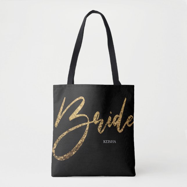 Bride Gold Glitter & Black Calligraphy Tote Bag (Front)