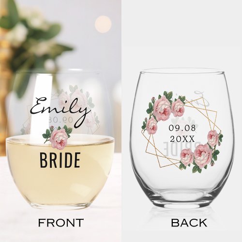 Bride Gold Glitter Geo Pink Floral Wedding Stemless Wine Glass