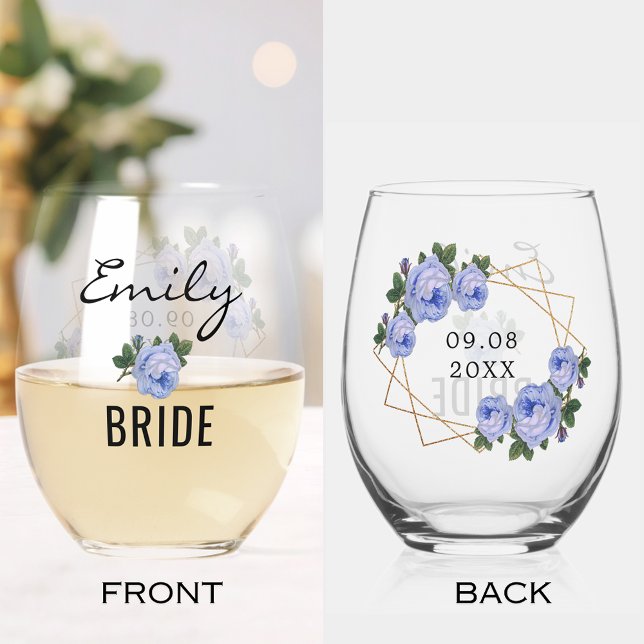 Bride Gold Glitter Geometric Blue Floral Wedding Stemless Wine Glass (Bride Gold Glitter Geometric Blue Floral Wedding Stemless Wine Glass)