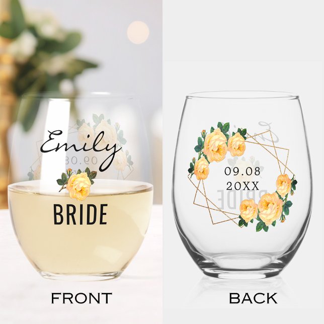Bride Gold Glitter Geometric Orange Floral Wedding Stemless Wine Glass (Bride Gold Glitter Geometric Orange Floral Wedding Stemless Wine Glass)