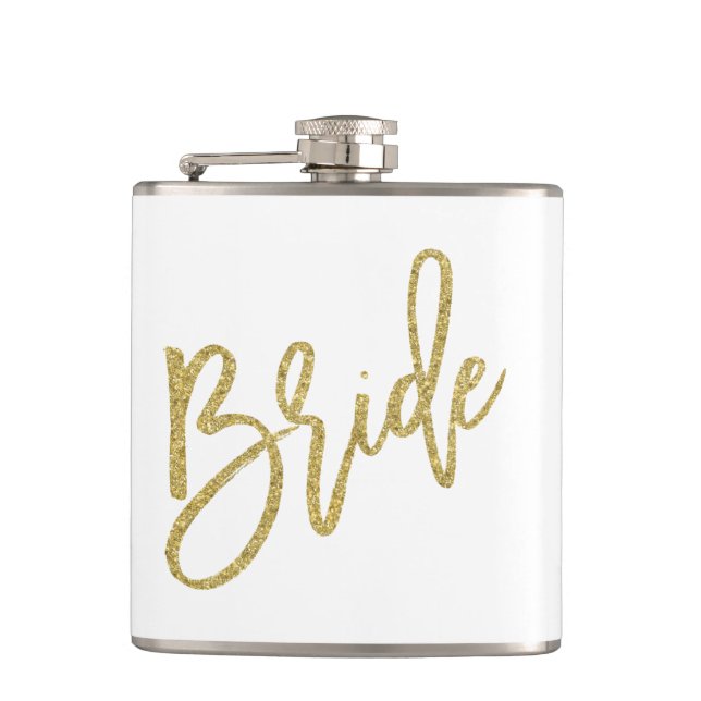 Bride Gold Glitter Script Flask (Front)