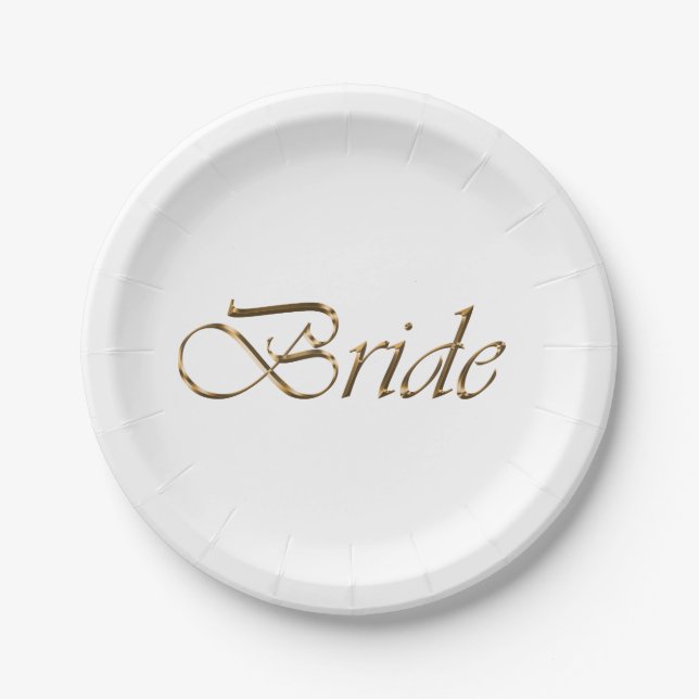 Bride, gold script elegant chic bridal shower paper plates (Front)